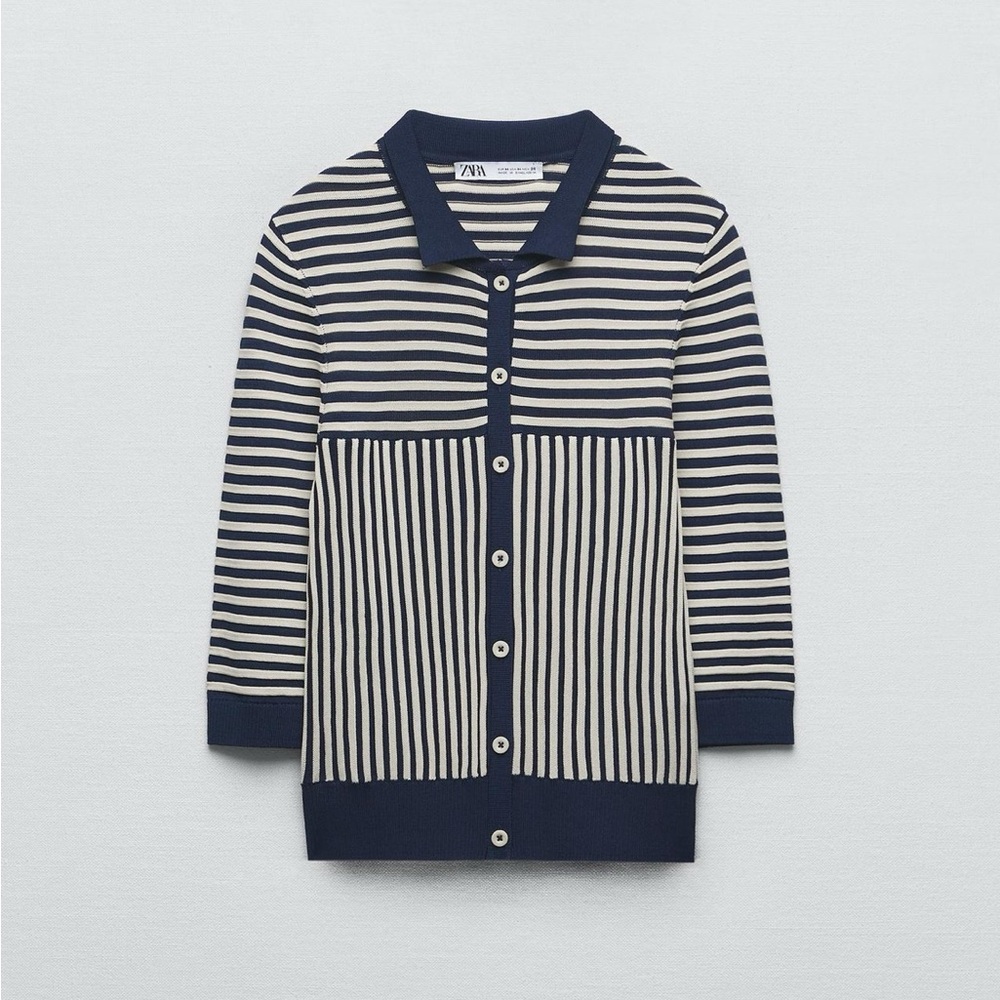 Zara Striped Button-Down Shirt in Navy and Cream NWT Size Medium